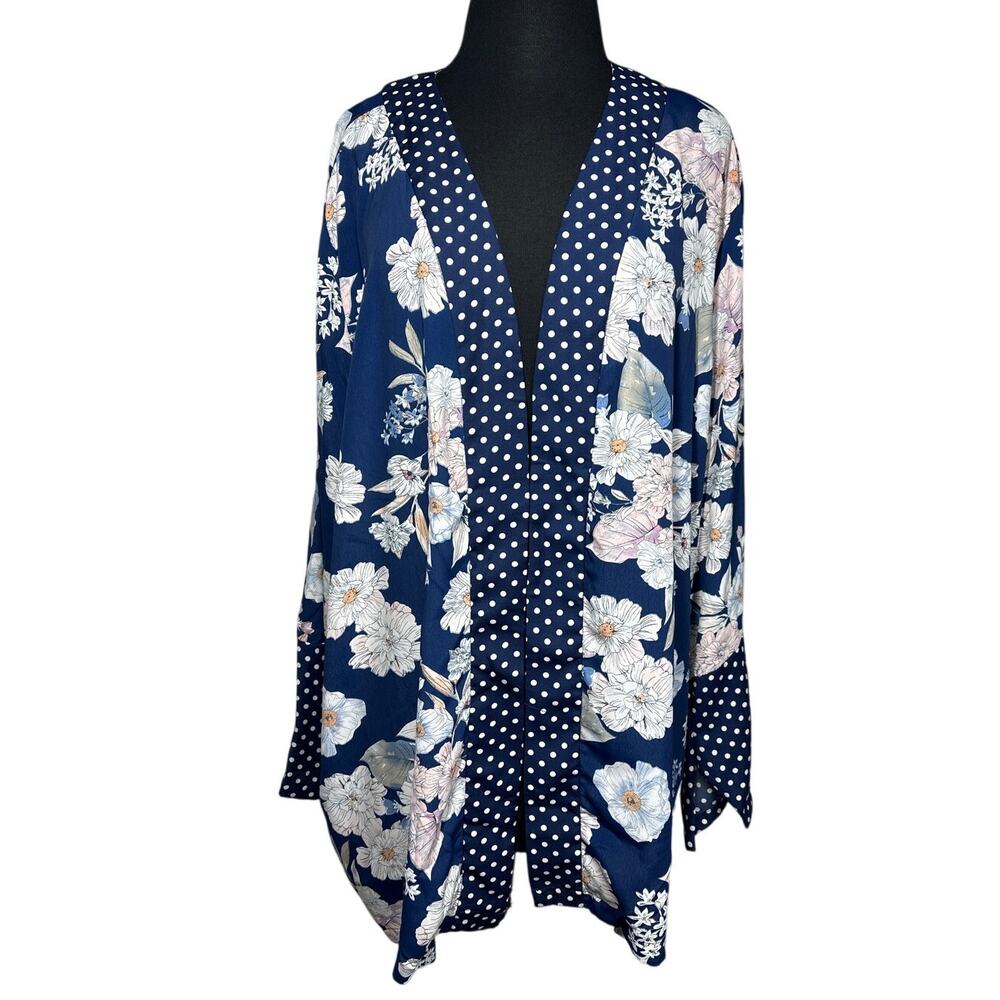 Suzanne Betro Floral Polka Dot Printed Kimono Top Cardigan Blue Long Sleeves 1X